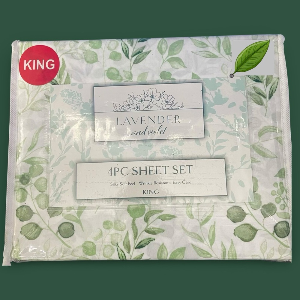 King 4-Pc Sheet Set White Green Leaves Foliage Wrinkle Resistant Sheets NEW NIP
